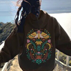 Beautiful NEW size S Chocolate Brown Hoodie w/colorful moth  floral graphic